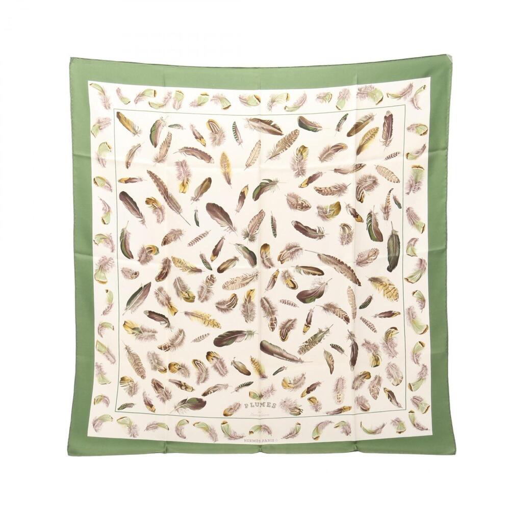 Hermes Carre 90 Plumes Scarf/Muffler, Silk, Women's, Green/Ivory